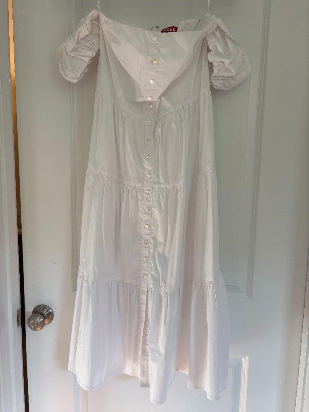 Staud white midi off the shoulder dress